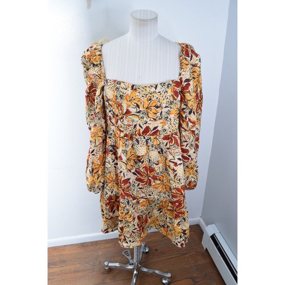 & Other Stories Baby Doll Dress M Linen Short Neutral Floral Long Sleeve Square